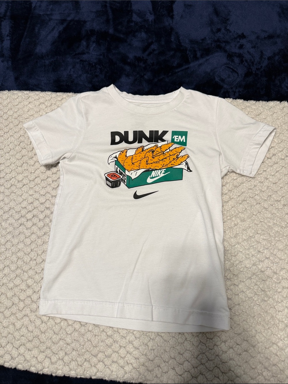 Nike White Kids 'Dunk 'Em' Graphic Tee with Yellow & Green Print